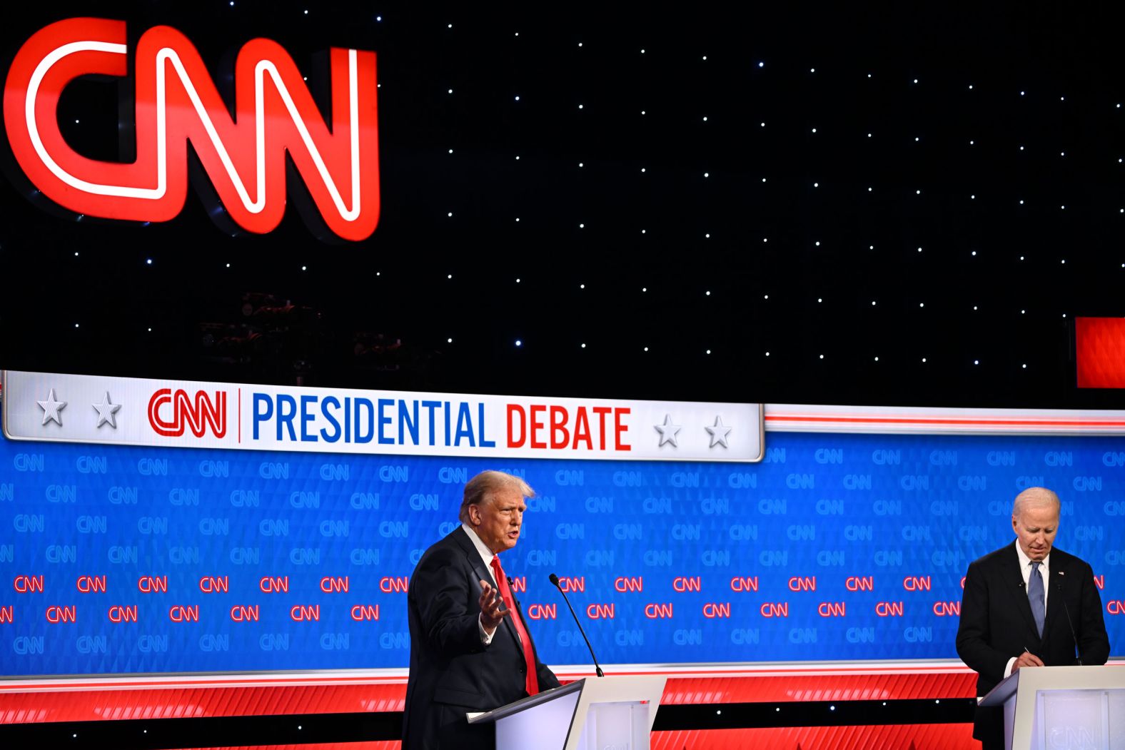 Trump and Biden take part in the <a href="index.php?page=&url=https%3A%2F%2Fwww.cnn.com%2F2024%2F06%2F27%2Fpolitics%2Fgallery%2Fphotos-cnn-debate-biden-trump%2Findex.html">CNN presidential debate</a> on June 27. It was the first time in history that a sitting US president faced a former president in a debate. <a href="index.php?page=&url=https%3A%2F%2Fwww.cnn.com%2F2024%2F06%2F28%2Fpolitics%2Fjoe-biden-debate-performance-panic%2Findex.html">Biden’s poor performance</a> set off alarm bells among top Democrats, leaving some to openly question whether he could stay atop the Democratic ticket.