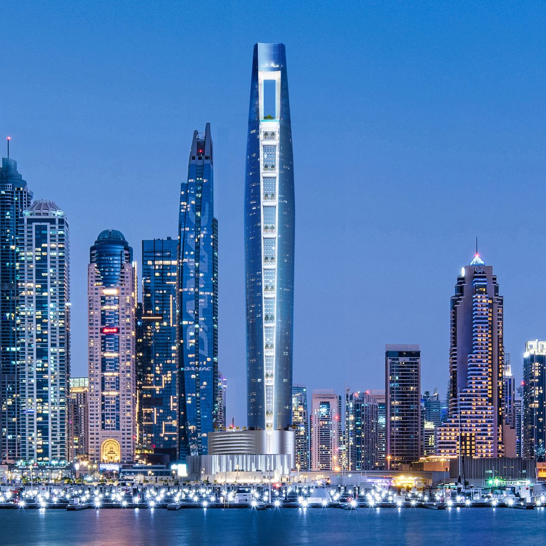 A new digital render shows Ciel Dubai Marina at night.