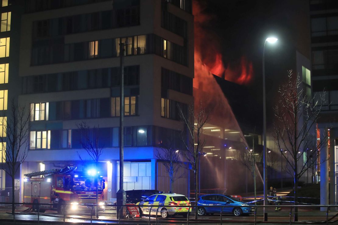 Emergency services at a blaze at a multi-storey car park at the Echo Arena on Liverpool's waterfront. 