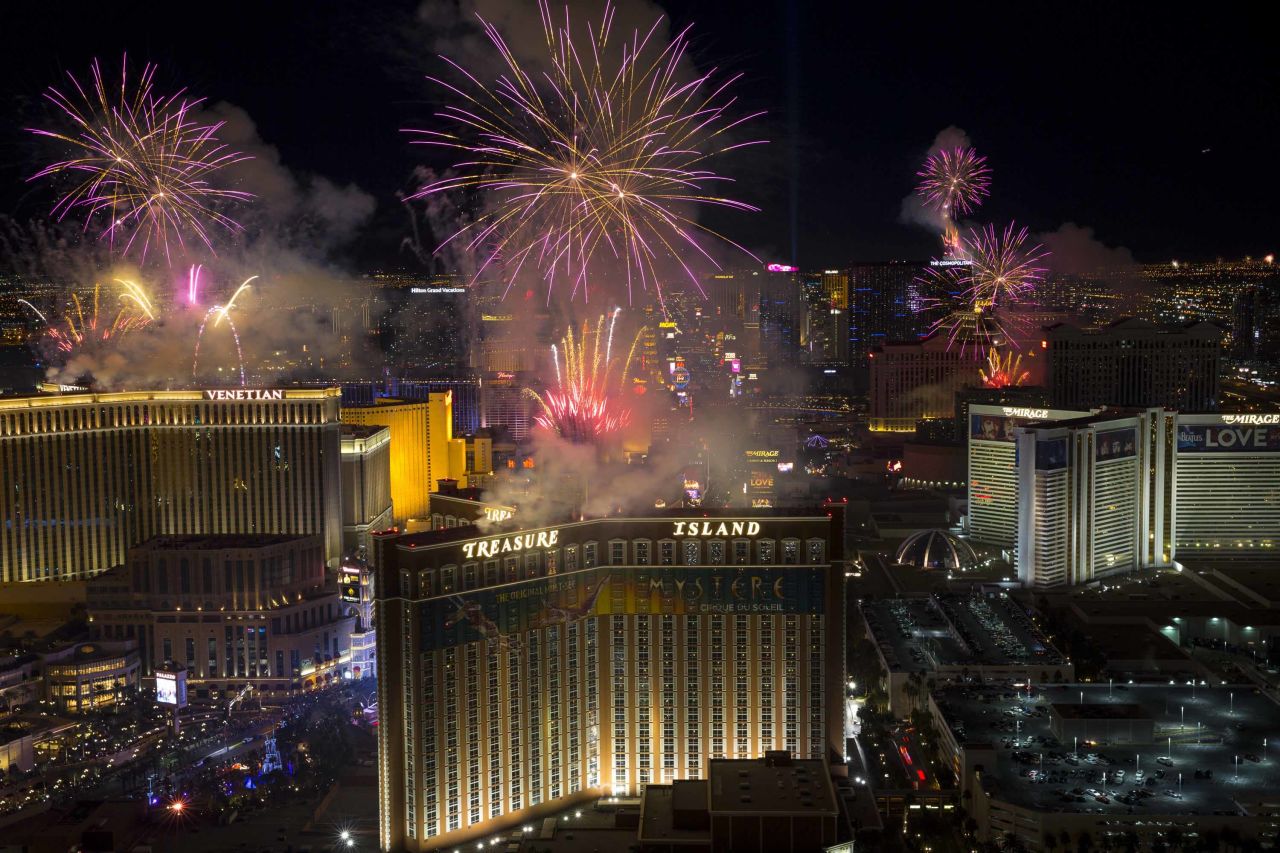Fireworks are seen along the Las Vegas Strip on January 1.
