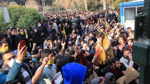 Iranian students protest at the University of Tehran during a demonstration driven by anger over economic problems on December 30.