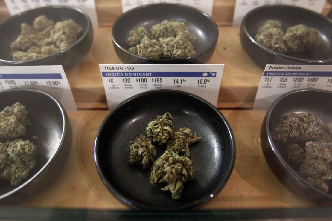 Different types of marijuana sit on display at Harborside  dispensary.