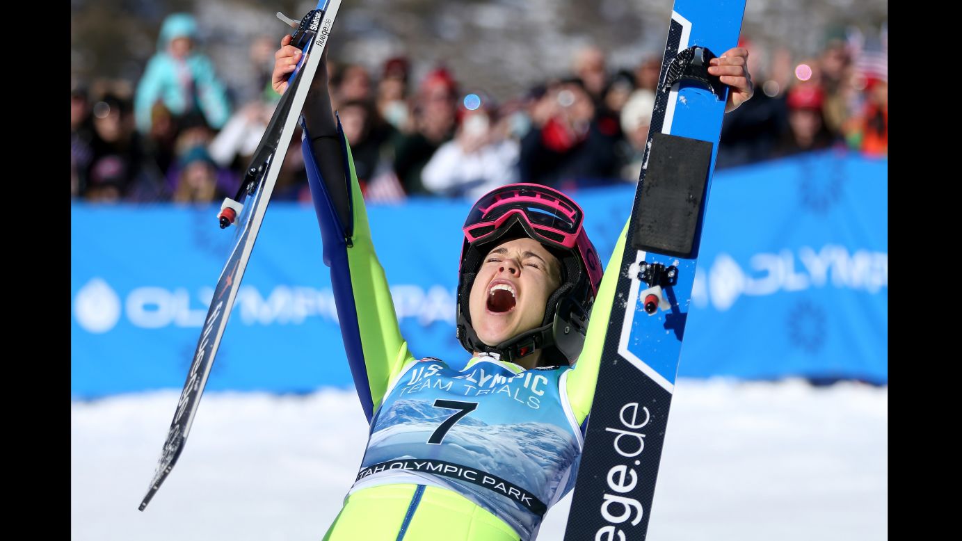 Ski jumper Sarah Hendrickson celebrates after winning at the US Olympic Trials on Sunday, December 31.