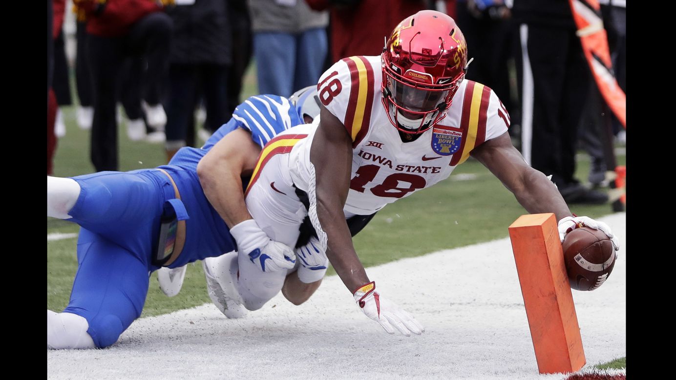 Iowa State wide receiver Hakeem Butler reaches for the goal line during the Liberty Bowl on Saturday, December 30. He was ruled out at the 3-yard line, but the Cyclones would go on to beat Memphis 21-20.