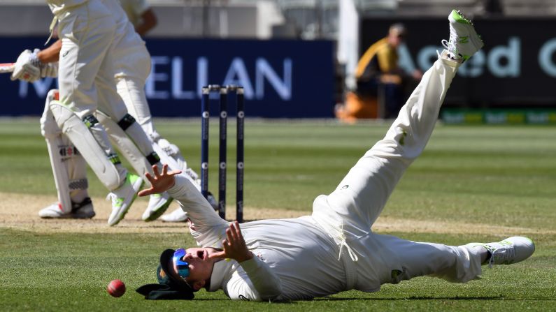 Australia's Steve Smith drops a catch during the fourth Test match of the Ashes series on Wednesday, December 27.