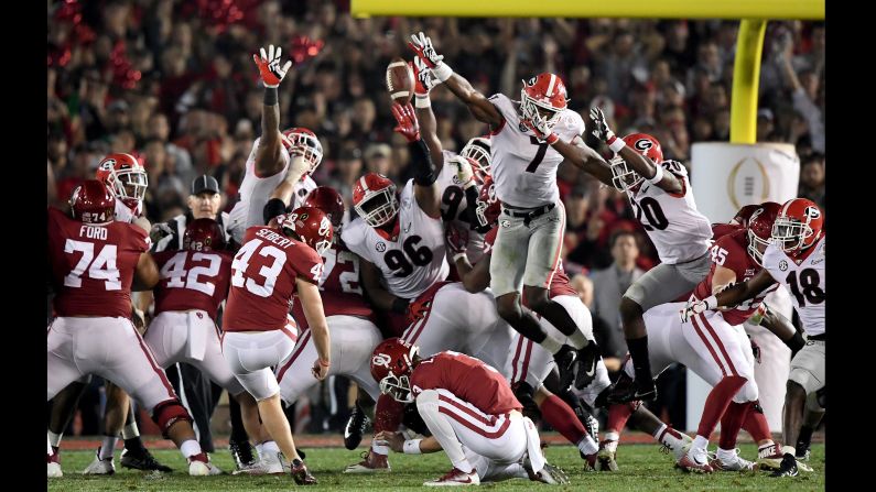 Georgia's Lorenzo Carter (No. 7) blocks an Oklahoma field-goal attempt in the second overtime of the Rose Bowl on Monday, January 1. Georgia scored on the next possession to win 54-48 and advance to the championship game of the College Football Playoff.