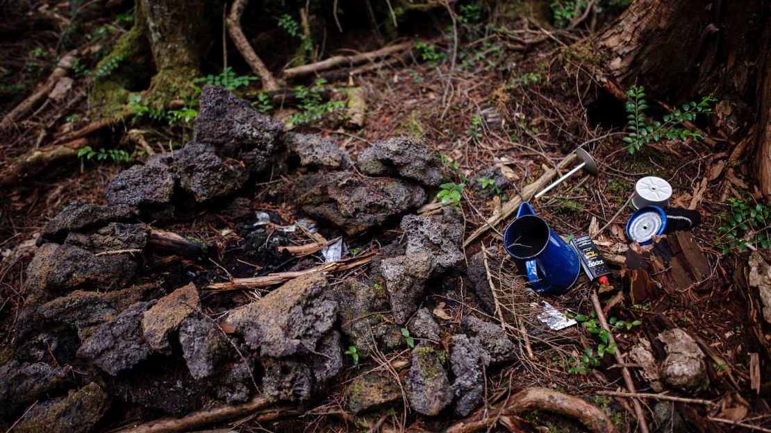 Lost items are scattered on the ground of the forest.