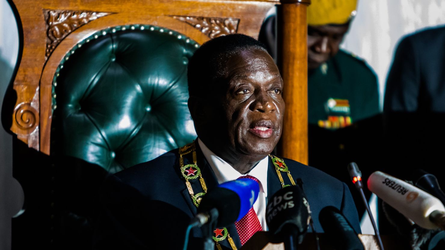 Zimbabwean President Emmerson Mnangagwa delivers his state of the nation address at a joint sitting of the parliament and the senate in Harare on December 20, 2017.