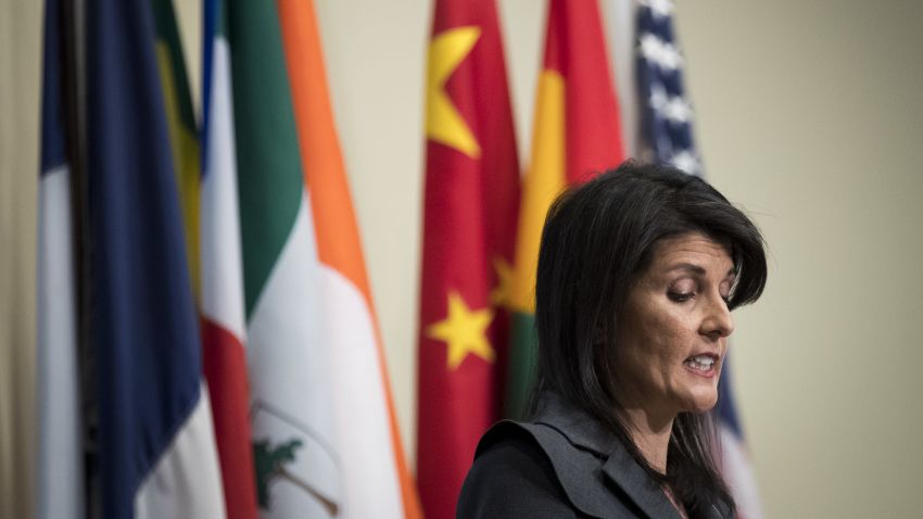 U.S. ambassador to the United Nations Nikki Haley speaks during a brief press availability at United Nations headquarters, January 2, 2018 in New York City. She discussed protests in Iran and the North Korea nuclear threat.