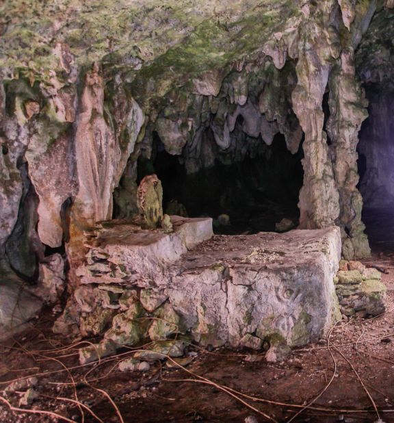 Pictured, a Mayan altar, now underwater, discovered by the team in a cenote. These altars were used to make offerings to the Mayan rain god, Chaac.