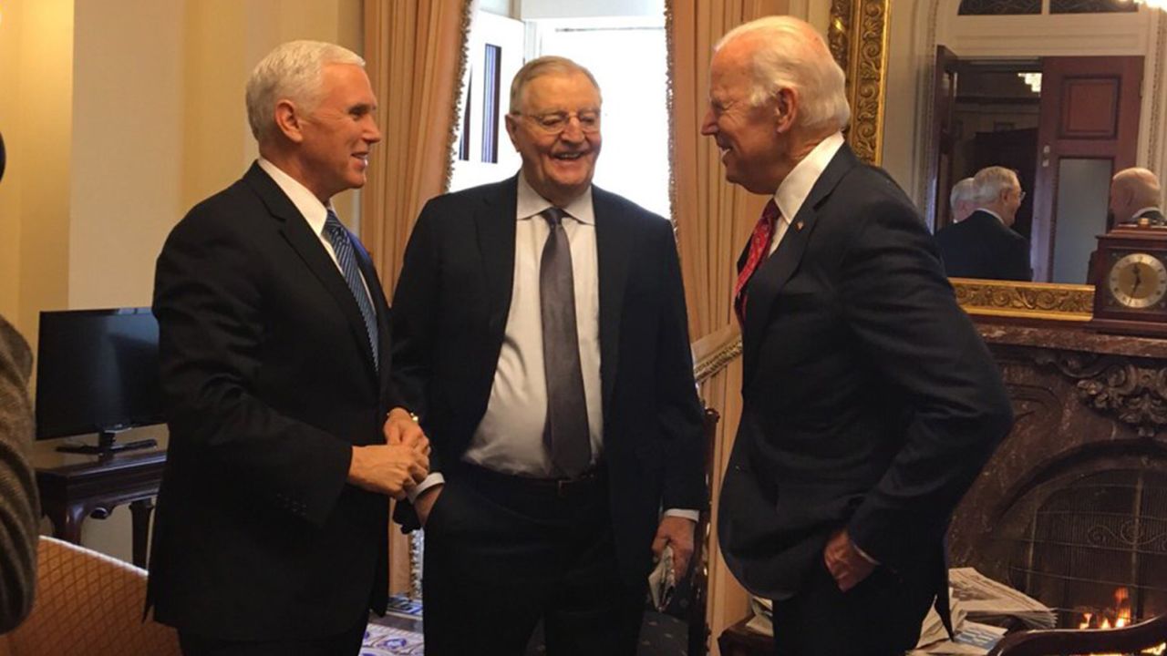Vice President Mike Pence meets with former vice presidents Walter Mondale and Joe Biden on Wednesday. 
