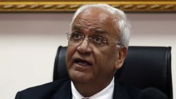 Palestinian chief negotiator and Secretary General of the Palestine Liberation Organisation (PLO), Saeb Erekat, speaks during a press conference in the West Bank city of Jericho on February 15, 2017.Erekat said the organisation remained committed to two states and would oppose any system that discriminated against Palestinians. "Israel refuses one democratic secular state where Jews, Muslims and Christians can be equal and those in government in Israel want to destroy the two-state solution," he told a press conference. "The alternative will not and cannot be one state, two systems." / AFP / AHMAD GHARABLI        (Photo credit should read AHMAD GHARABLI/AFP/Getty Images)