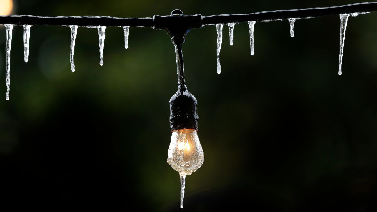 Icicles form on a outdoor string of lights in Houston on January 2.