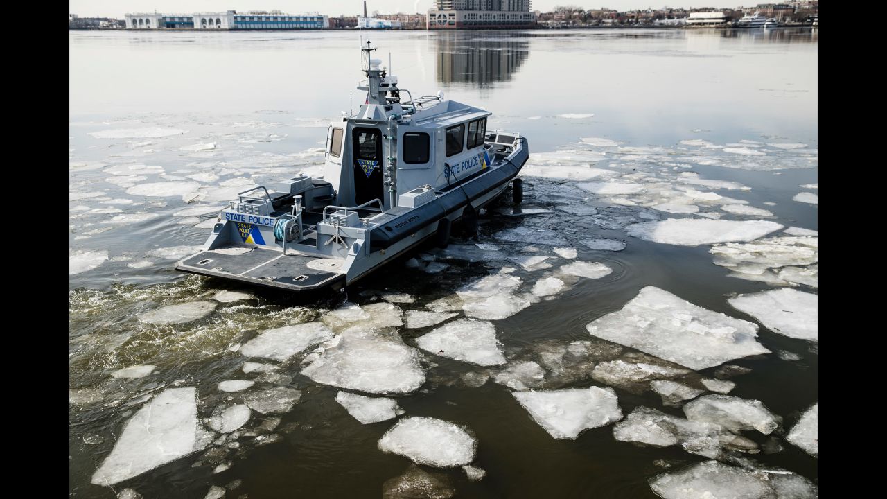 A New Jersey State Police boat maneuvers through ice on the Delaware River on January 3.