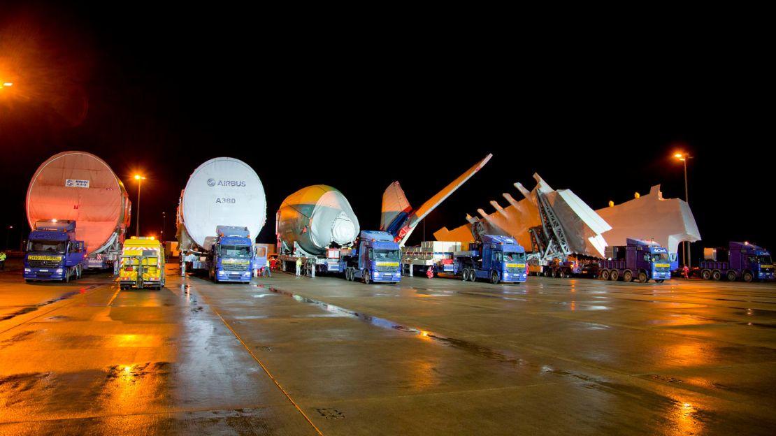 These huge airplane parts are on their way to becoming an A380, the world's largest passenger liner. 