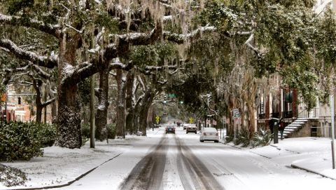 A light layer of snow dusts oak trees and Spanish moss in Savannah, Georgia, on January 3.