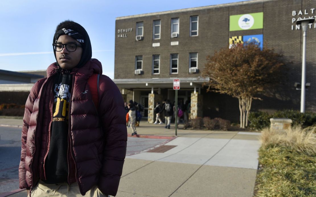 Matthew Cunningham, 18, a senior at Baltimore Polytechnic Institute, talks about the cold temperatures.