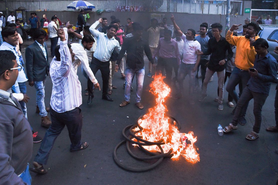 Protesters gather near near Pune Station, following clashes between Dalits and supporters of right-wing Hindu groups January 2, 2018, Pune, India.