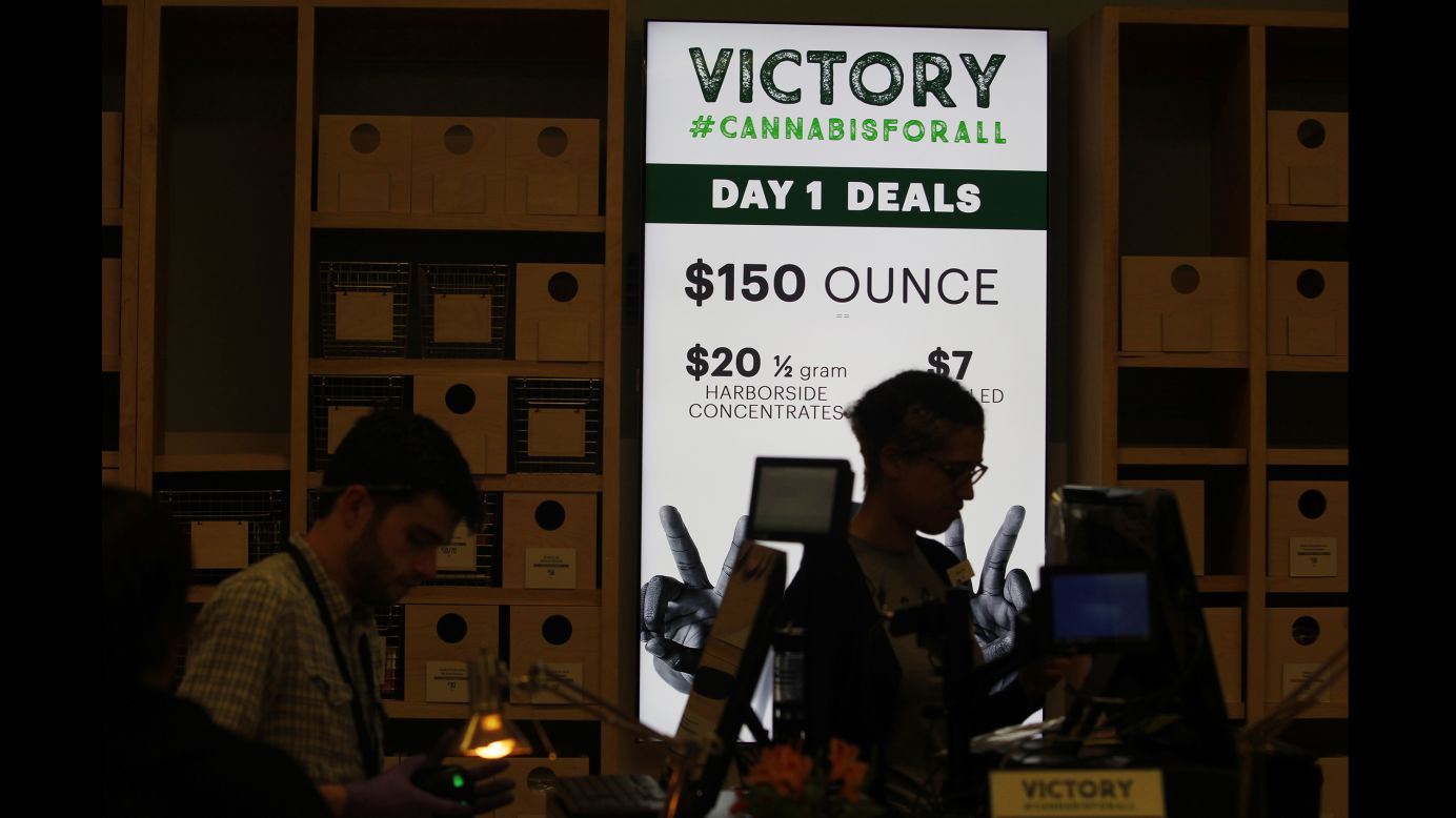 A sign advertises marijuana sales Monday, January 1, at the Harborside dispensary in Oakland, California. It was the first day that recreational marijuana <a href="http://www.cnn.com/2018/01/01/us/california-marijuana-sales/index.html" target="_blank">could be legally sold in the state.</a>