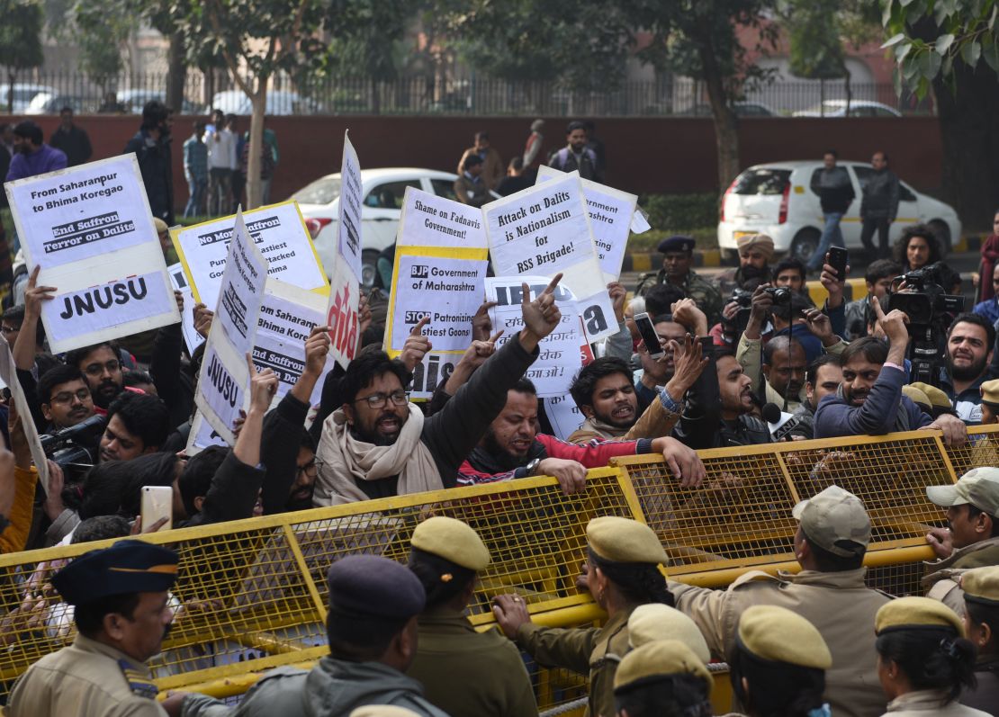Dalit demonstrators shout slogans and protest in the Indian capital New Delhi, on January 3, 2018.