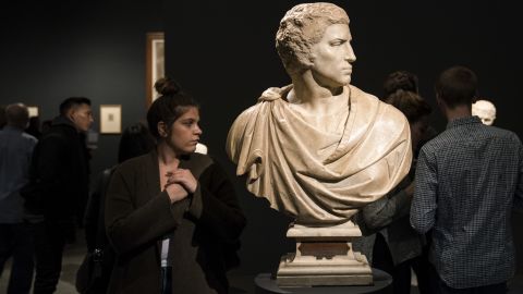 The marble "Bust of Brutus" is displayed at the Michelangelo exhibit titled "Michelangelo: Divine Draftsman and Designer" at the Metropolitan Museum of Art, November 13, 2017, in New York.