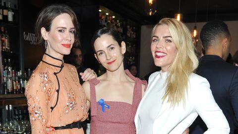 (From left) Sarah Paulson, stylist Karla Welch, and Busy Philipps at the Power Stylists Dinner, hosted by The Hollywood Reporter and Jimmy Choo, on March 14, 2017 in West Hollywood, California.
