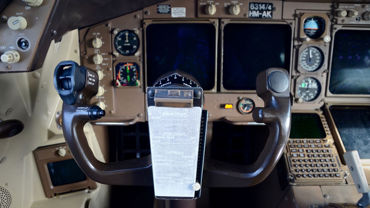 The pilot's flight controls in the cockpit of the last Delta Air Lines 747-400 after its final flight.