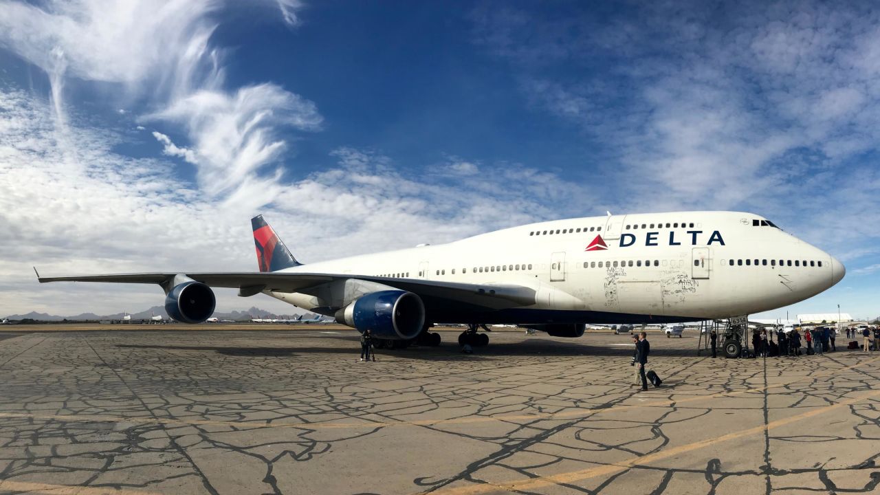 Delta Air Lines ship 6314, an 18-year old Boeing 747-400 rests after its final flight from Atlanta to Pinal Airpark in Marana, Ariz. on Jan. 3, 2018.
