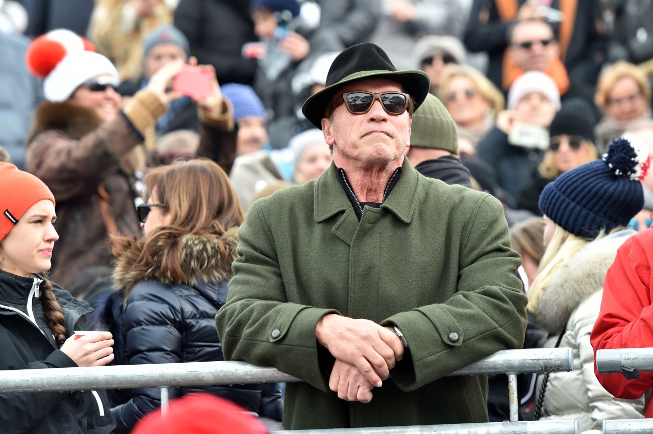 <strong>He's back: </strong>Celebrities and the jet-set turn out in force to see and be seen. Austrian native and Terminator star Arnold Schwarzenegger is a regular fixture at the Hahnenkamm finish.