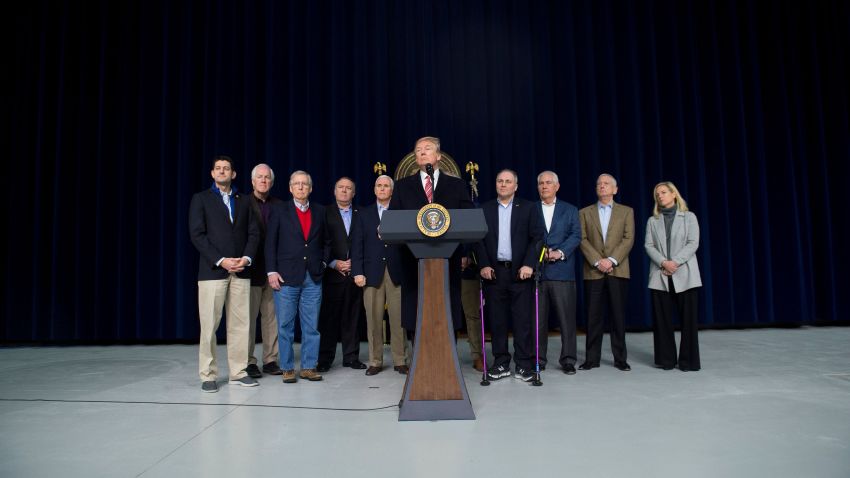US President Donald Trump speaks during a retreat with Republican lawmakers and members of his Cabinet at Camp David in Thurmont, Maryland, January 6, 2018. / AFP PHOTO / SAUL LOEB        (Photo credit should read SAUL LOEB/AFP/Getty Images)