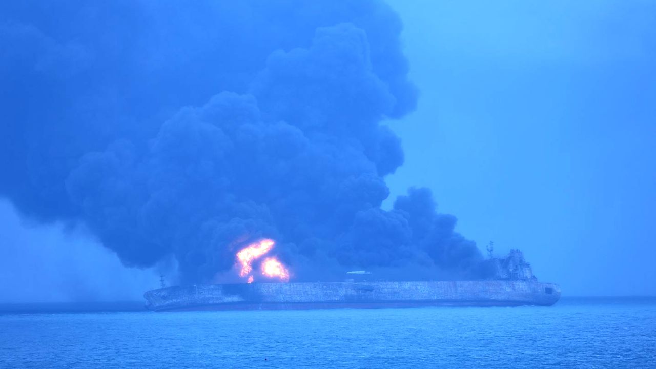 A fire engulfed parts of the Sanchi after the catastrophic collision January 7.