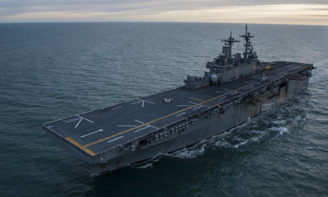 The amphibious assault ship USS Wasp (LHD 1) transits the Strait of Magellan in an undated US government photo.