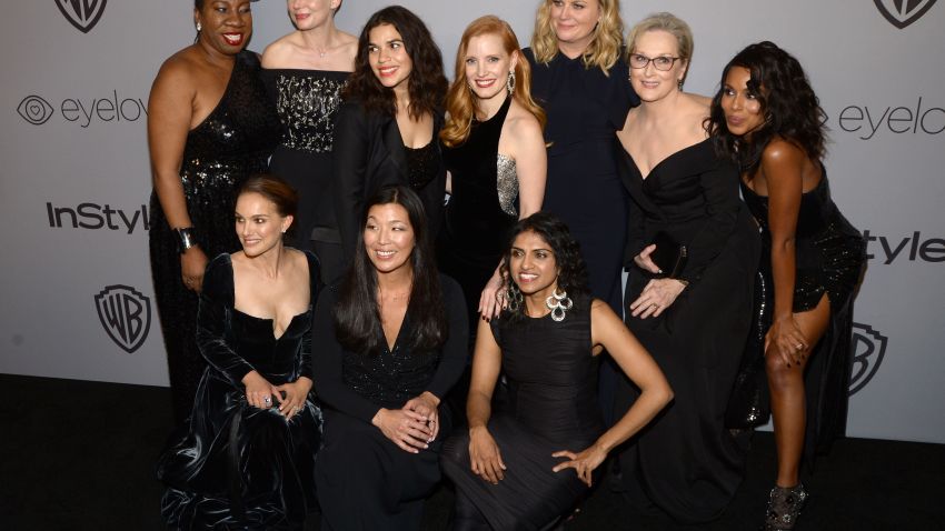 TOPSHOT - (Top L-R) Activist Rosa Clemente, actors Natalie Portman, Michelle Williams, America Ferrera, Jessica Chastain, Amy Poehler, Meryl Streep, (bottom L-R) activists Ai-jen Poo and Saru Jayaraman attend the 19th Annual InStyle And Warner Bros. Pictures Golden Globe After-Party on January 7, 2018, in Beverly Hills, California. / AFP PHOTO / TARA ZIEMBATARA ZIEMBA/AFP/Getty Images