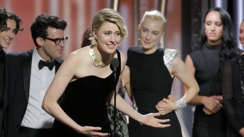 Greta Gerwig accepts the award for best picture -- comedy or musical for 'Lady Bird'