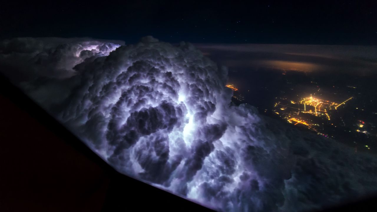 A thunderstorm captured from the cockpit.