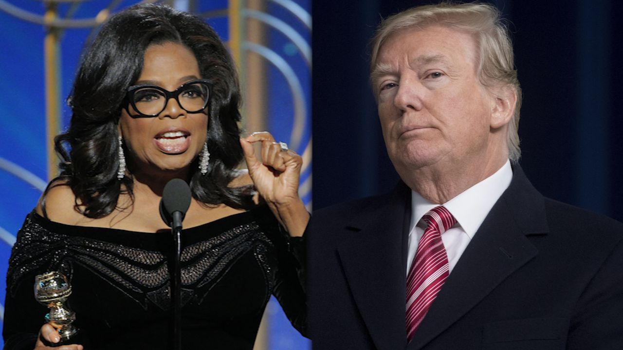 BEVERLY HILLS, CA - JANUARY 07: In this handout photo provided by NBCUniversal, Oprah Winfrey accepts the 2018 Cecil B. DeMille Award speaks onstage during the 75th Annual Golden Globe Awards at The Beverly Hilton Hotel on January 7, 2018 in Beverly Hills, California. (Photo by Paul Drinkwater/NBCUniversal via Getty Images)

TOPSHOT - US President Donald Trump speaks during a retreat with Republican lawmakers at Camp David in Thurmont, Maryland, January 6, 2018. / AFP PHOTO / SAUL LOEB (Photo credit should read SAUL LOEB/AFP/Getty Images)