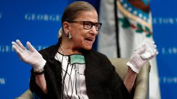 In this Sept. 20, 2017 photo, U.S. Supreme Court Justice Ruth Bader Ginsburg reacts to applause as she is introduced by William Treanor, Dean and Executive Vice President of Georgetown University Law Center, at the Georgetown University Law Center campus in Washington.  During a speech in September at Georgetown University's law school the 84-year-old referred to herself as "Rapid Ruth" and to Justice Sonia Sotomayor as "Swift Sonia."  The Supreme Court on Wednesday handed down its first opinion in a case heard this term. And it was Ginsburg, the court's oldest justice, who authored the unanimous opinion.  (AP Photo/Carolyn Kaster)