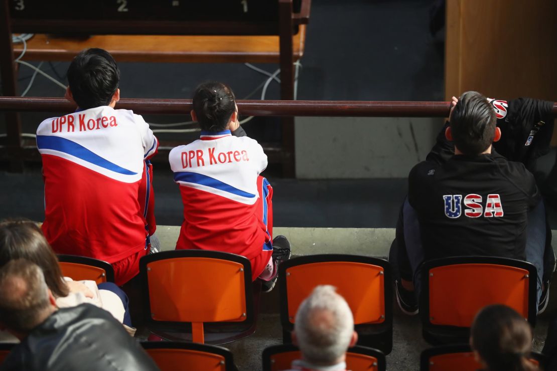 Ryom and Kim of DPR Korea watch the Pairs free skating during the 2017 edition of the Nebelhorn Trophy 2017.