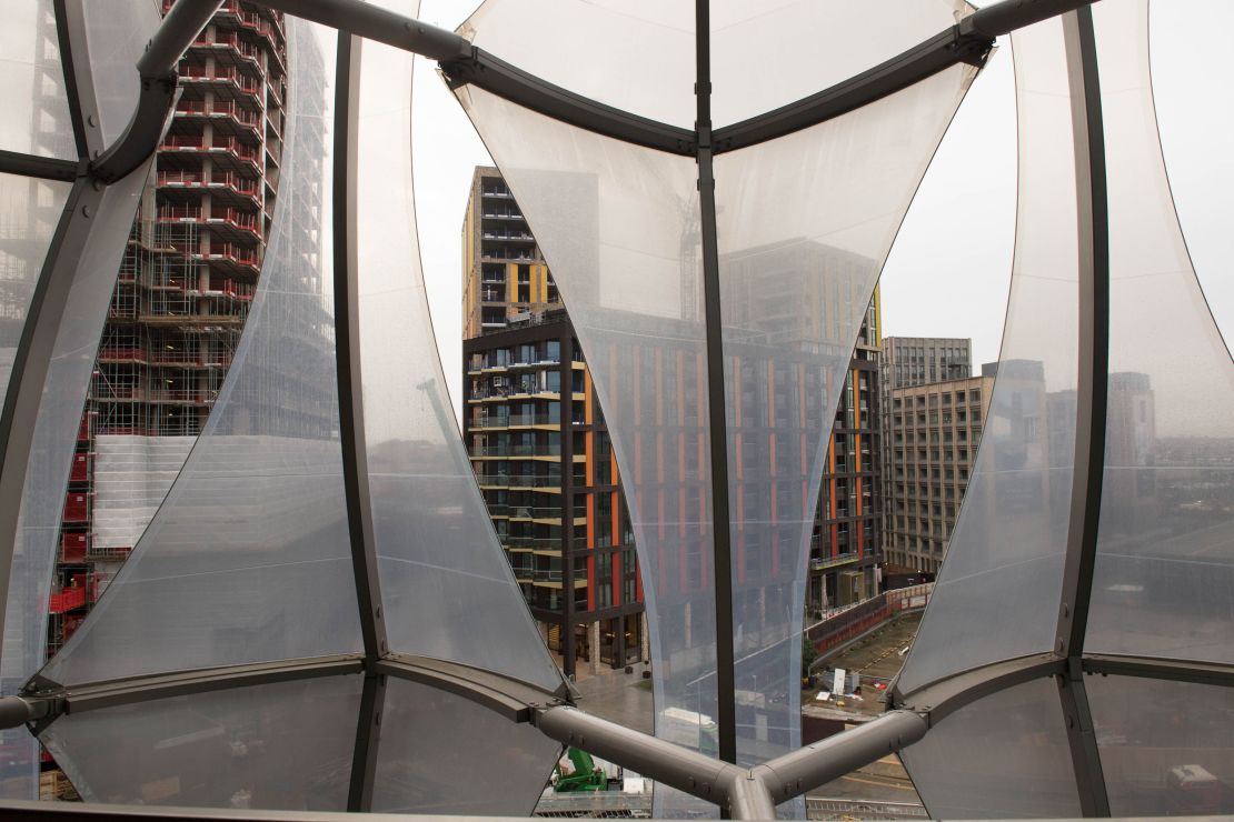 The view from the embassy's windows, partially covered by exterior sails. 