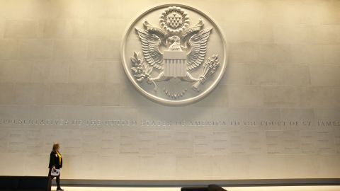 The lobby of the new embassy lists the names of previous US Ambassadors.
