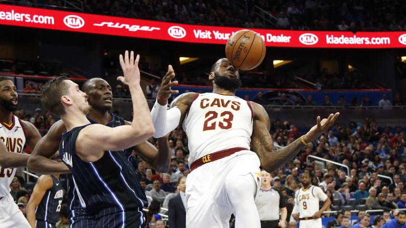 A ball hits LeBron James in the face during an NBA game in Orlando on Saturday, January 6.