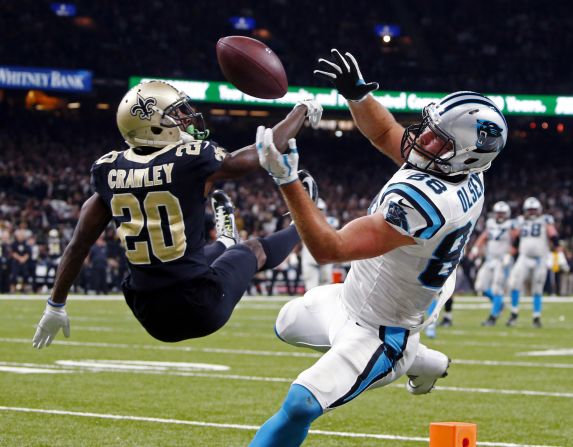 New Orleans cornerback Ken Crawley breaks up a pass intended for Carolina tight end Greg Olsen during an NFL playoff game on Sunday, January 7. New Orleans won 31-26 to advance to the next round.