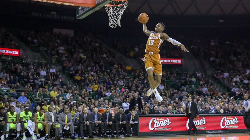 Texas guard Kerwin Roach II throws down a dunk during a college basketball game against Baylor on Saturday, January 6.