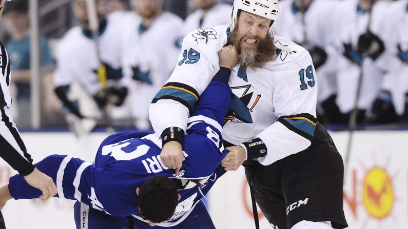Toronto's Nazem Kadri gets a fistful of Joe Thornton's beard during an NHL hockey game on Thursday, January 4. Kadri <a href="index.php?page=&url=http%3A%2F%2Fbleacherreport.com%2Farticles%2F2752528-sharks-joe-thornton-loses-part-of-his-beard-in-fight-with-torontos-nazem-kadri" target="_blank" target="_blank">ripped out some of Thornton's hair</a> during the fight.