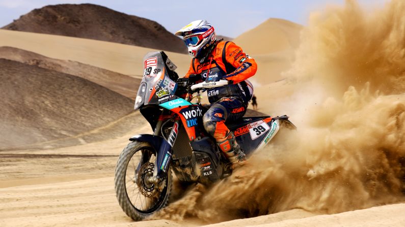 Benjamin Melot rides his motorbike during stage two of the Dakar Rally on Sunday, January 7.