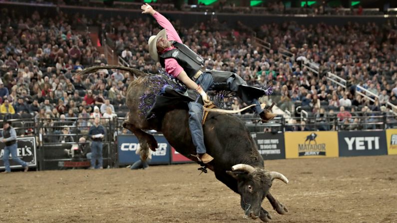 Emilio Resende rides Smooth Highway during a Professional Bull Riders event in New York on Saturday, January 6.