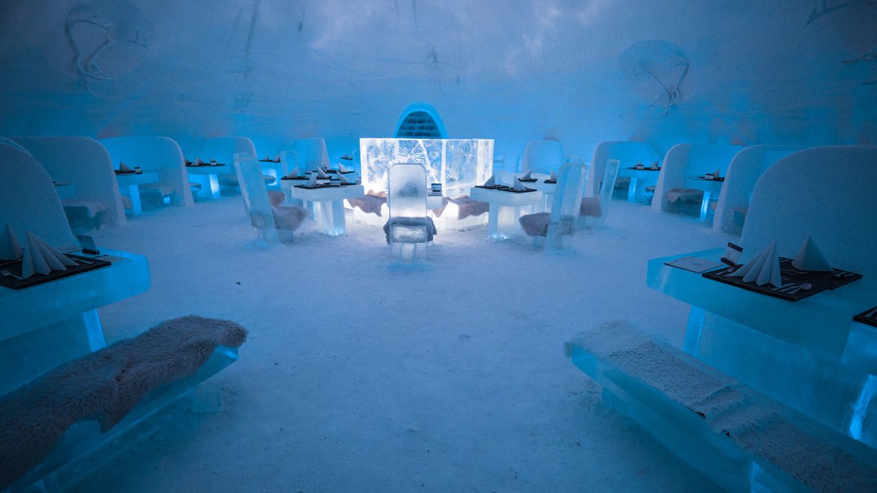 Guests can also visit a restaurant, cinema, chapel and bar, all made entirely of snow and ice.