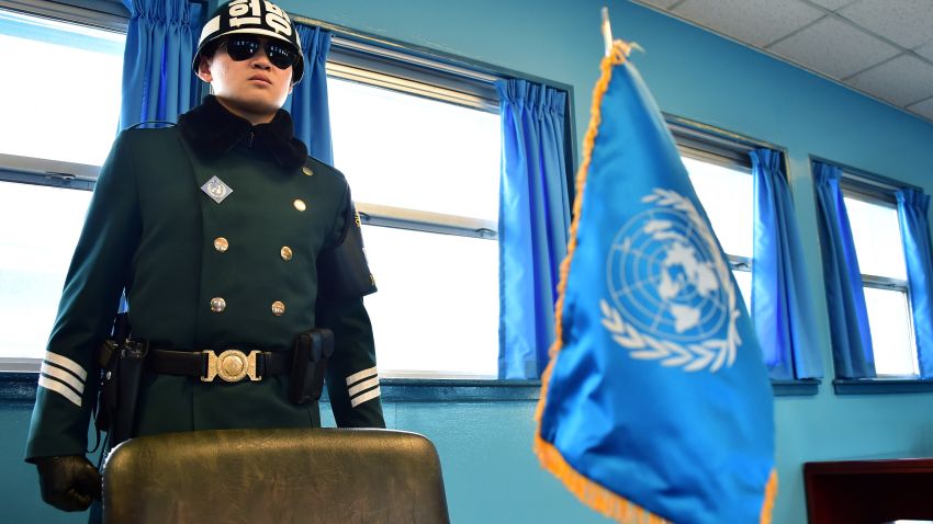 A South Korean soldier stands guard inside of a UN conference building at the truce village of Panmunjom in the Demilitarized Zone dividing the two Koreas on February 4, 2015. North Korea appeared to rule out any resumption of dialogue with the United States, threatening to react to any US "war of aggression" with nuclear strikes and cyber warfare.  AFP PHOTO / JUNG YEON-JE        (Photo credit should read JUNG YEON-JE/AFP/Getty Images)