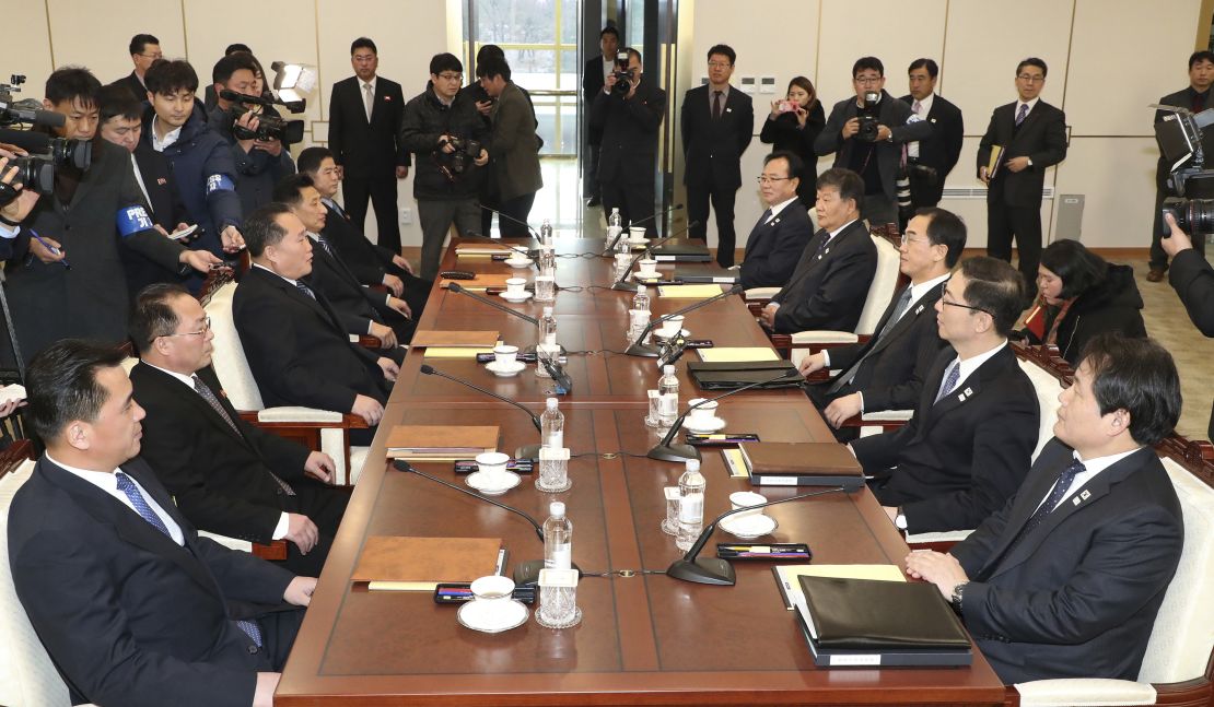 South Korean Unification Minister Cho Myoung-gyon, third from right, and the head of a North Korean delegation Ri Son Gwon, third from left, with their respective delegations.