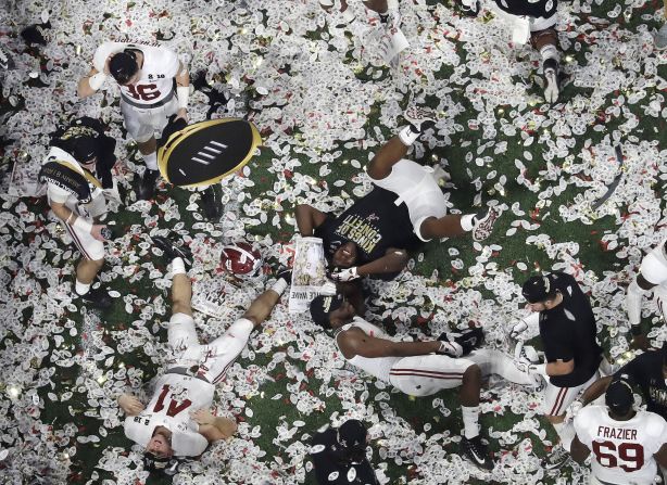 Alabama players celebrate on the confetti-filled field of Atlanta's Mercedes-Benz Stadium after winning <a href="index.php?page=&url=http%3A%2F%2Fwww.cnn.com%2F2018%2F01%2F08%2Fsport%2Fgallery%2Fcollege-football-national-championship-2018-alabama-georgia%2Findex.html" target="_blank">the final game of the College Football Playoff</a> on Monday, January 8. <a href="index.php?page=&url=http%3A%2F%2Fwww.cnn.com%2F2018%2F01%2F02%2Fsport%2Fgallery%2Fwhat-a-shot-sports-0102%2Findex.html" target="_blank">See 23 amazing sports photos from last week</a>